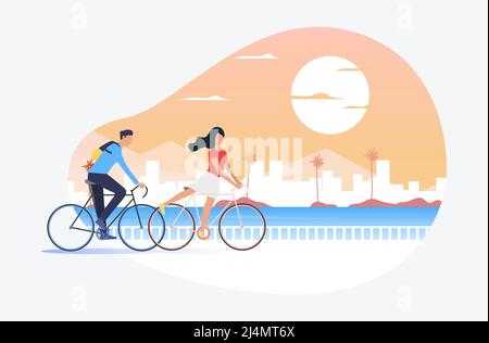 Man and woman riding bicycles, sun and cityscape in background. Tourism, activity, leisure concept. Vector illustration can be used for topics like su Stock Vector