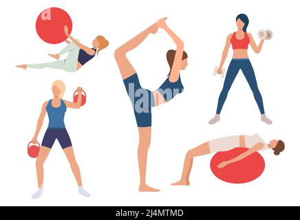 Set of women training bodies in gym. Girls exercising with ball, lifting weights, doing yoga. Sport concept. Vector illustration can be used for topic Stock Vector