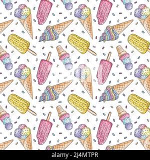Ice creams seamless pattern. Summer holidays with popsicles, ice cream cones and frozen chocolate dessert. Cartoon sweet food vector texture Stock Vector
