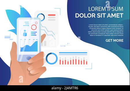 Person using financial analysis app on smartphone. Chart, data, analytics, technology concept. Presentation slide template. Vector illustration for to Stock Vector