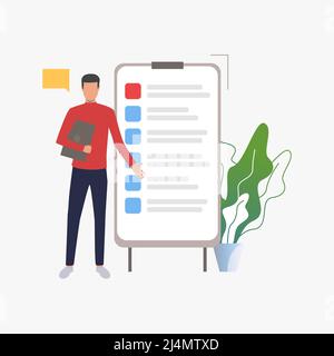 Man standing at flipchart with list vector illustration. Report, instruction, to do list. Business concept. Creative design for websites, business pre Stock Vector