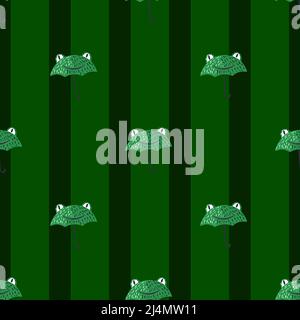 Seamless pattern cute frog umbrella. Background of funny accessory shape head toad in doodle style. Repeated design texture for printing, fabric, wrap Stock Vector