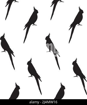 Vector seamless pattern of black corella cockatiel parrot silhouette isolated on white background Stock Vector