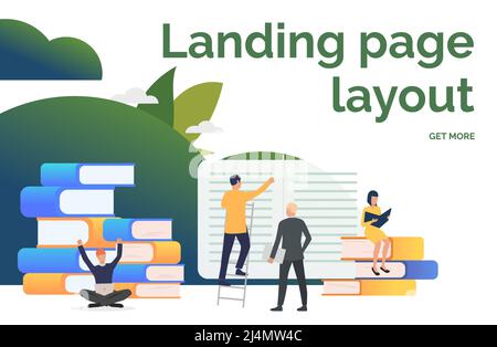 People working on books presentation slide. Writers, printing house, library. Business concept. Vector illustration for poster, presentation, new proj Stock Vector
