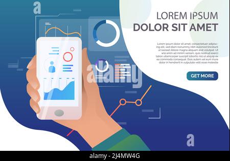 Person using financial data analysis app on smartphone. Chart, data, analytics, technology concept. Presentation slide template. Vector illustration f Stock Vector
