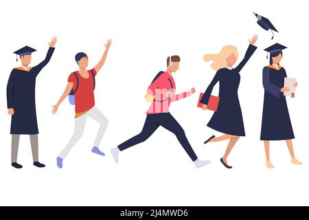 Set of carefree graduation students. Group of people in academic dresses. Vector illustration of flat cartoon characters for commercial, presentation Stock Vector