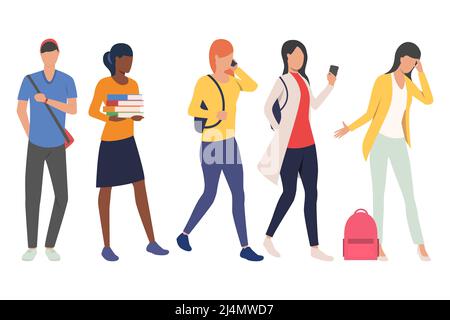 Set of female and male students on move. Bundle of young man and women busy with different activities. Vector illustration can be used for educational Stock Vector