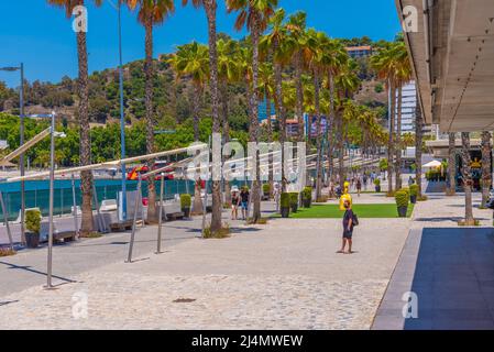 Malaga, Spain, May 24, 2021: Seaside restaurants at port of Malaga, Spain Stock Photo