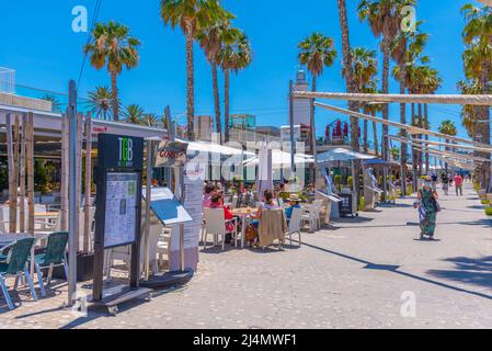 Malaga, Spain, May 24, 2021: Seaside restaurants at port of Malaga, Spain Stock Photo