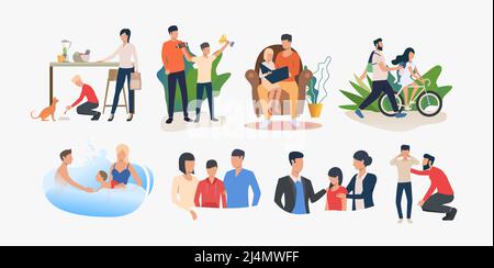 Set of parents spending time with children and supporting them. Family activities and parenting. Vector illustration can be used for presentation slid Stock Vector