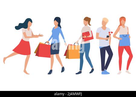 Set of shoppers. Women holding shopping bags, man using phone. Shopping concept. Vector illustration can be used for topics like sale or special offer Stock Vector