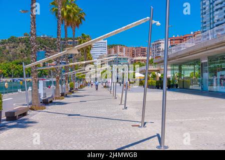 Malaga, Spain, May 24, 2021: Seaside restaurants at port of Malaga, Spain Stock Photo