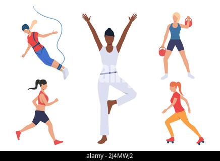 Set of women with active hobbies. Girls doing yoga, running, roller skating, bungee jumping. Sport concept. Vector illustration can be used for topics Stock Vector