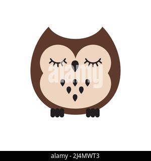 Vector flat cartoon kawaii brown sleeping owl isolated on white background Stock Vector