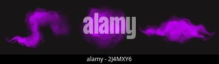Purple magic dust clouds with sparkles and glitter, curve and round powder smoke. Holi paints of violet color, dye splashes or mystic haze on black ba Stock Vector
