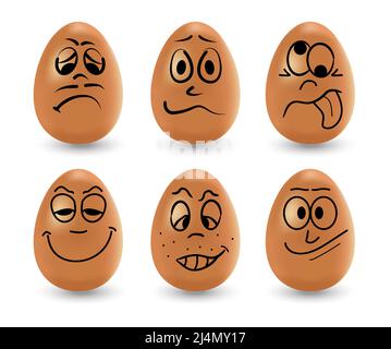 Funny Easter eggs set vector. Realistic brown eggs on a white background. Faces, eyes, grimaces, hand drawn with a marker on the eggs. Stock Vector