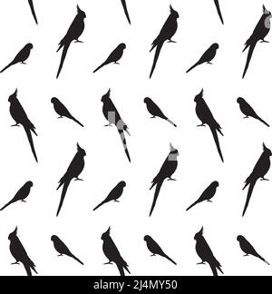 Vector seamless pattern of black budgie and cockatiel parrot silhouette isolated on white background Stock Vector