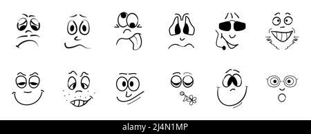 Crazy faces vector set in line art style. Emotion, avatar, caricature symbols. Faces, eyes, grimaces Stock Vector