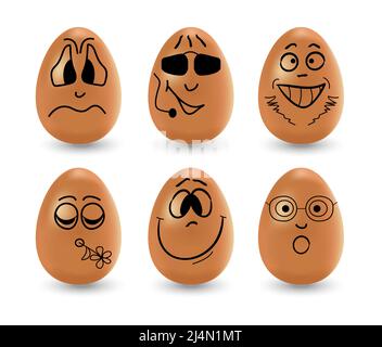 Funny Easter eggs set vector. Realistic brown eggs on a white background. Faces, eyes, grimaces, hand drawn with a marker on the eggs. Stock Vector