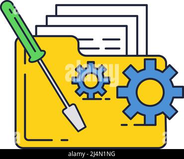 Data folder with gear cogwheel and screwdriver repair tools vector icon. Business document management. Configuration and settings check web symbol Stock Vector