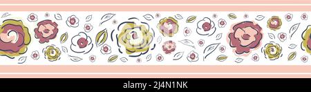 Peony blossom and leaves vector seamless border.Banner with scattered cottage flowers and foliage in stripe style. Line art botanical garden flower Stock Vector