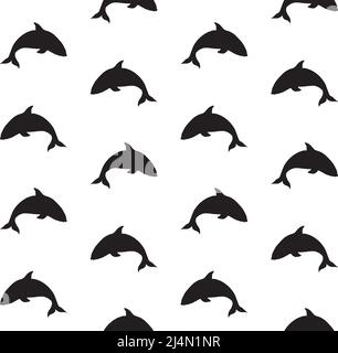 Vector seamless pattern of black killer whale dolphin silhouette isolated on white background Stock Vector