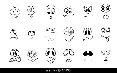 Crazy faces vector set in line art style. Emotion, avatar, caricature symbols. Faces, eyes, grimaces Stock Vector