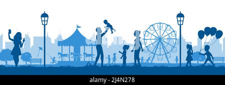 silhouette design of theme park ,people happy and fun with them,vector illustration Stock Vector