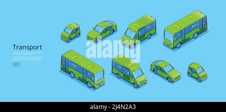 Transport banner with isometric sweeper, truck, mini van and car. Vector flat illustration of passenger automobile, minibus, cargo vehicle and city cl Stock Vector