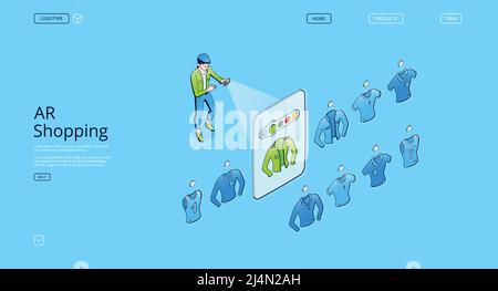 AR shopping isometric landing page. Augmented reality technologies, smart app for mobile phone with virtual apparel store catalog. Man customer choose Stock Vector