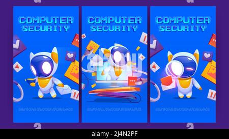 Computer security cartoon posters, cute bot on computer monitor screen protect data and media files. Hacker cyber attack protection, internet network Stock Vector
