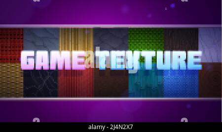 Game texture collection with seamless patterns of woven fabric, stones, leather, bamboo, roof tile and marble. Vector cartoon background set of knit, Stock Vector
