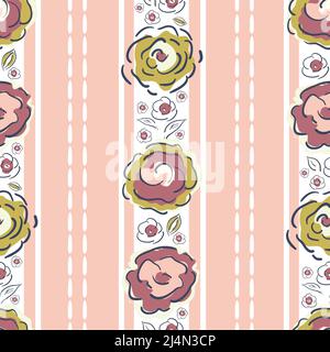 Striped peony blossom and leaves vector seamless pattern background. Cottage flower backdrop with verticall stitch stripes. Hand drawn line art Stock Vector