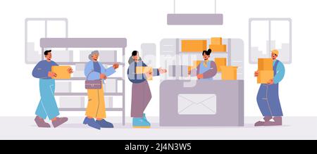 People visit post office. Men and women customers stand in queue on reception desk with worker giving parcels and man employee bring boxes. Mail deliv Stock Vector