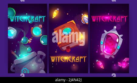 Witchcraft posters with magic amulets, mirror, book of spell, cauldron and potions. Vector vertical banners with cartoon illustration of wizard equipm Stock Vector