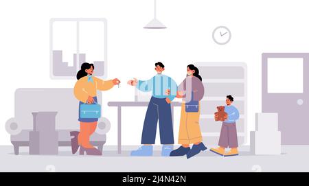 Family with child buying house, real estate agent giving keys to buyers in office. Happy couple with kid purchasing property. Parents characters with Stock Vector