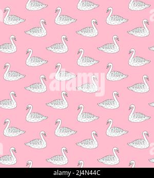 Vector seamless pattern of hand drawn doodle sketch swan isolated on pastel pink background Stock Vector