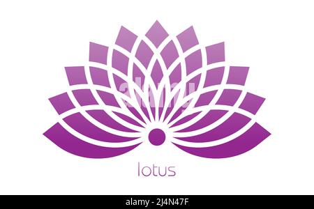 Purple Lotus logo, Flower of Life. Sacred Geometry. Symbol of Harmony and Balance. Pink gradient Sign of purity. Chakra Yoga design vector isolated on Stock Vector