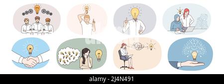 Set of diverse businesspeople with light bulb think of problem solution. Collection of employees or workers with lightbulb brainstorm generate innovative business idea. Vector illustration.  Stock Vector
