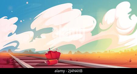 Wild west landscape with railway and dynamite. Vector cartoon illustration of western desert with railroad track and tnt. Attempt of bandits to destro Stock Vector
