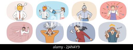 Set of mad diverse people scream and shout feel distressed and angry. Collection of furious humans yell annoyed by life situation unable to control emotions. Vector illustration.  Stock Vector
