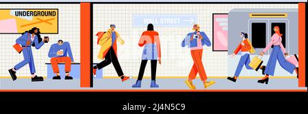 People at subway platform with train leaving metro station. Passengers stand, walk or sit at underground tunnel. Tourists and citizen characters use u Stock Vector