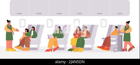 Airplane cabin with passengers on seats and stewardesses in aisle. Vector flat illustration of plane salon interior with people sitting in chairs, air Stock Vector