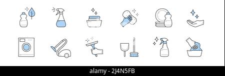 Set of cleaning and household doodle icons. Detergent bottle, vacuum cleaner, spray, sparkling dishes, hand with sponge, plates, washing machine, scoo Stock Vector