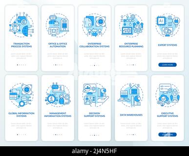 Information systems application blue onboarding mobile app screen set Stock Vector