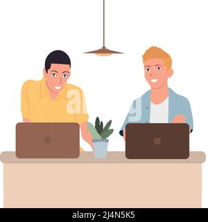 Two guys work in the office on laptops. Vector Stock Vector