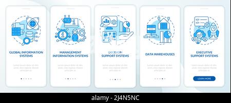 Common types of information systems blue onboarding mobile app screen Stock Vector