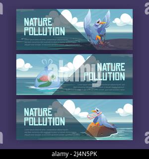 Nature pollution cartoon banners. Wild animals suffer of plastic garbage and oil in ocean and sea water. Gull and turtle stuck in trash and wastes. Ec Stock Vector