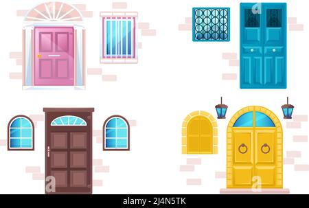 House facades with different doors and windows in brick wall. Vector cartoon set of wooden gates in classic style, lanterns and windows with glass, me Stock Vector