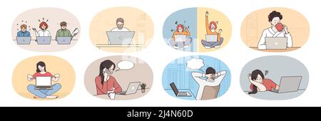Collection of young people use computer communicate online on gadget. Set of men and women study on web, browse internet on laptop or surf social medial. Flat vector illustration.  Stock Vector